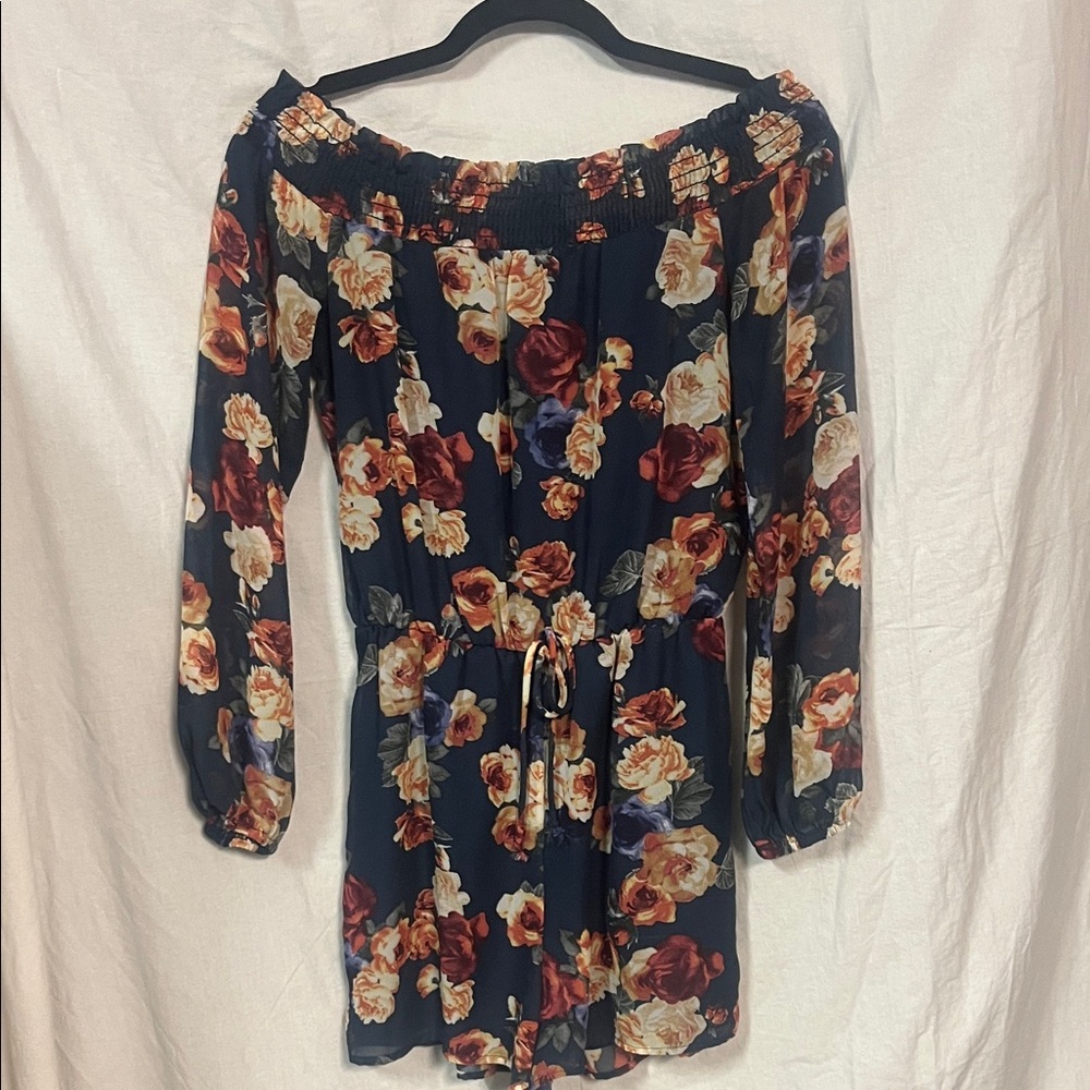 Crystal Doll Floral Off-Shoulder Romper - Navy and Red